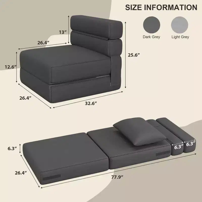 Canapé-lit pliant avec oreiller, fauteuil convertible, canapé en tissu de lin avec mousse à mémoire de forme pour salon, dortoir, chambre d'amis, bureau, individuel