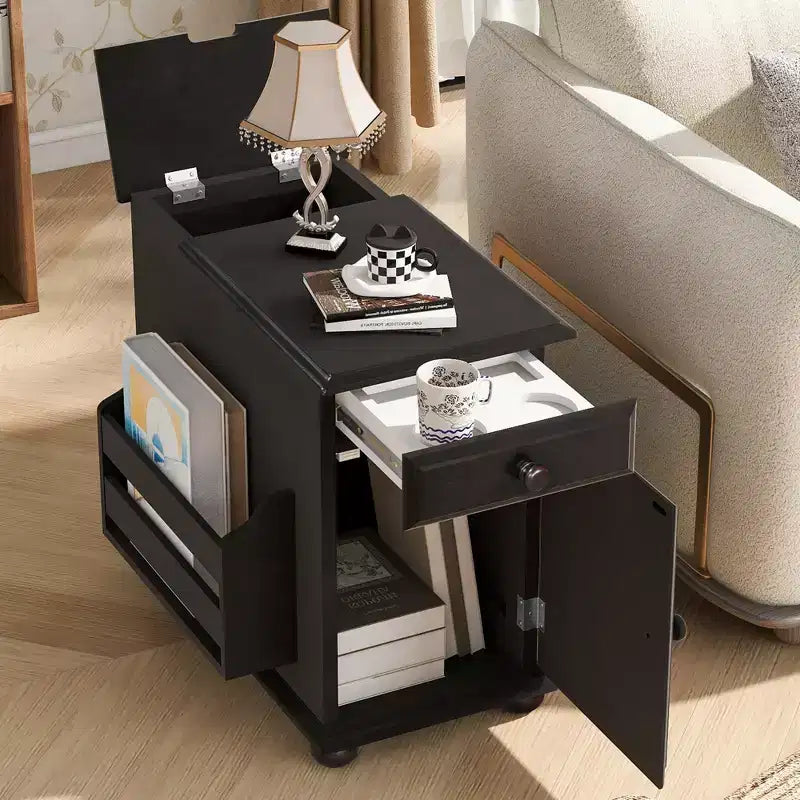Bestier Side Table with Wheels, Modern End Table with USB Ports, Drawer, Cup Holders, Sofa Couch Table with Storage Space for Living Room, Bedroom
