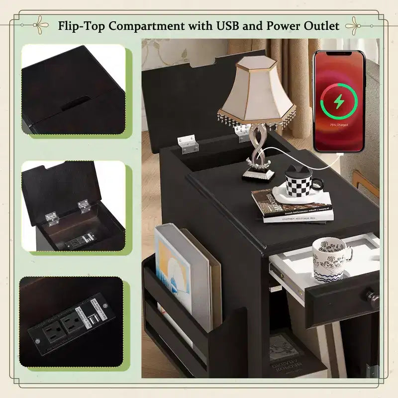 Table d'appoint à roulettes, Table de chevet moderne avec ports USB, tiroir, porte-gobelets et espace de rangement pour salon, chambre à coucher