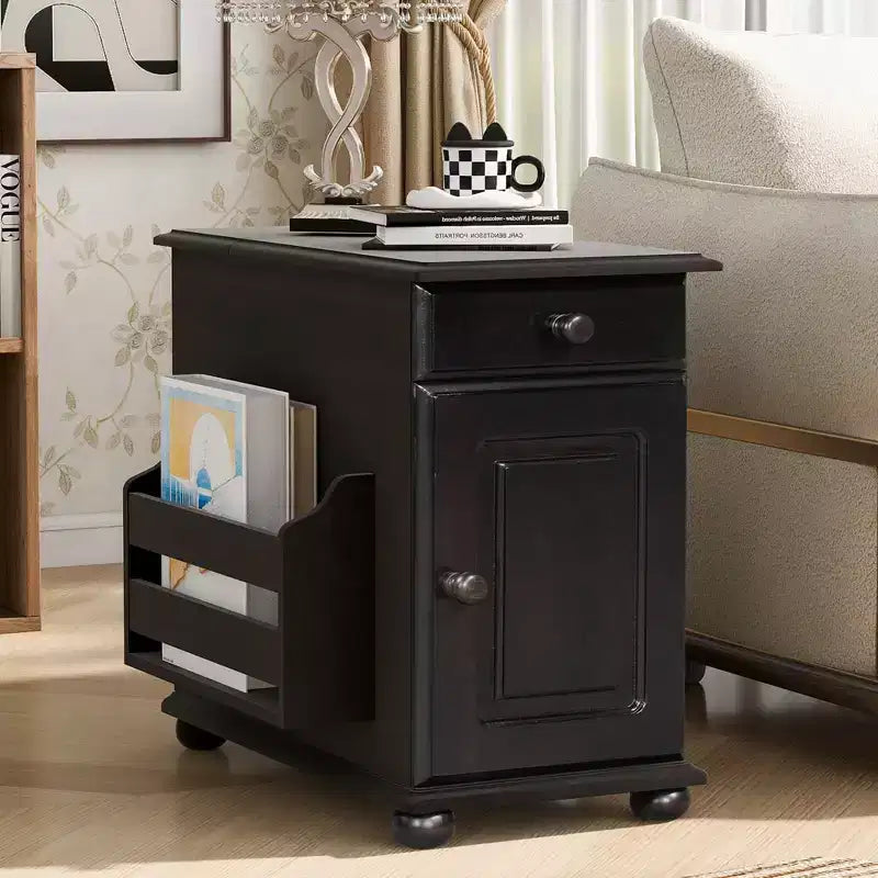 Table d'appoint à roulettes, Table de chevet moderne avec ports USB, tiroir, porte-gobelets et espace de rangement pour salon, chambre à coucher