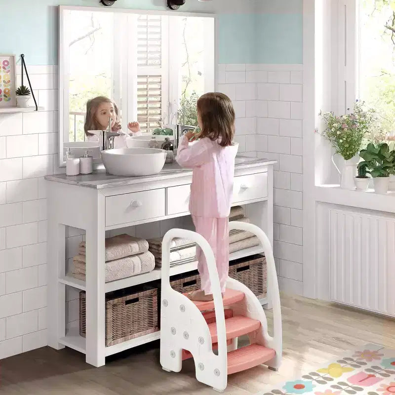 Tabouret tour d'apprentissage pour enfants avec poignées latérales, tabouret d'appoint 3 marches pour tout-petits avec patins antidérapants pour évier de salle de bain et comptoir de cuisine