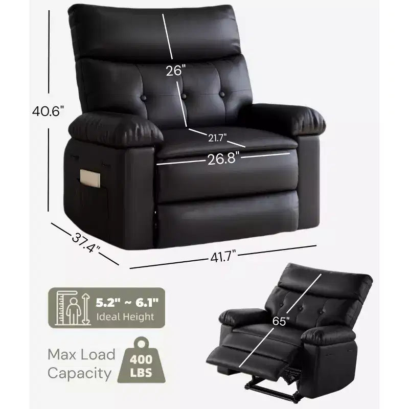 Oversized Manual Recliner Chair, Large Sofa for Adults, PU Leather Lazy Chair with 1.5X Sponge Filling, Massage & Heat
