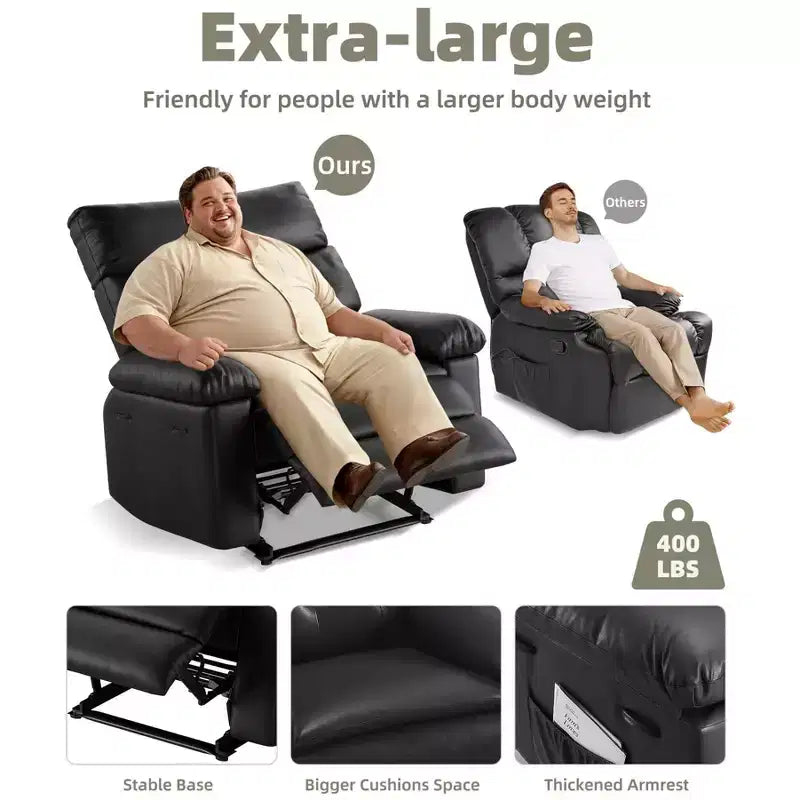 Oversized Manual Recliner Chair, Large Sofa for Adults, PU Leather Lazy Chair with 1.5X Sponge Filling, Massage & Heat