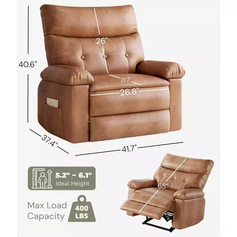 Oversized Manual Recliner Chair, Large Sofa for Adults, PU Leather Lazy Chair with 1.5X Sponge Filling, Massage & Heat