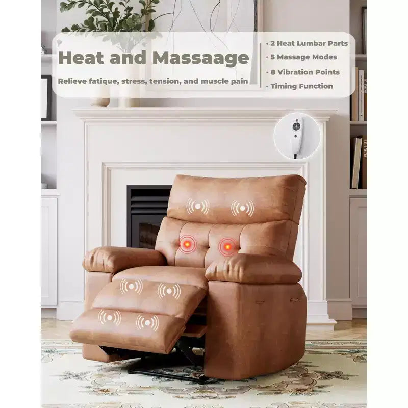 Oversized Manual Recliner Chair, Large Sofa for Adults, PU Leather Lazy Chair with 1.5X Sponge Filling, Massage & Heat