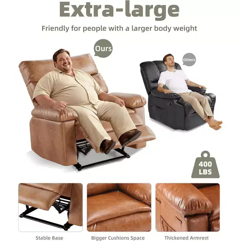Oversized Manual Recliner Chair, Large Sofa for Adults, PU Leather Lazy Chair with 1.5X Sponge Filling, Massage & Heat