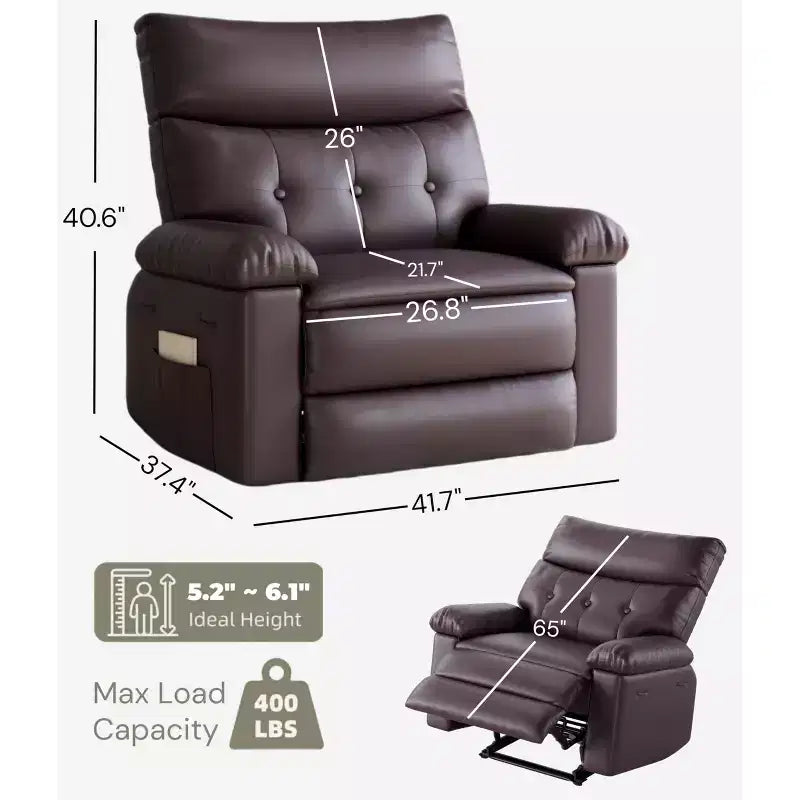 Oversized Manual Recliner Chair, Large Sofa for Adults, PU Leather Lazy Chair with 1.5X Sponge Filling, Massage & Heat