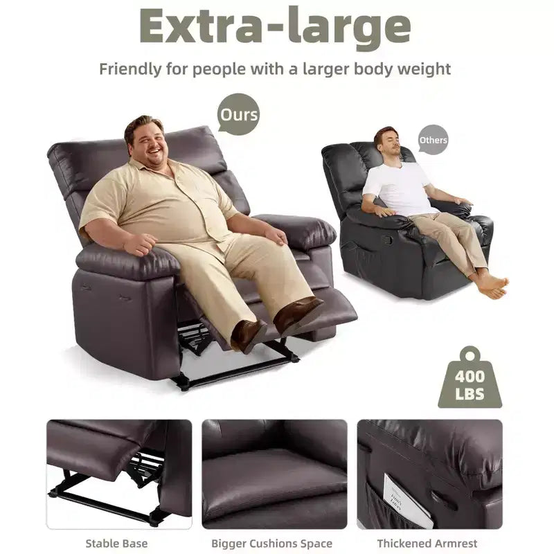 Oversized Manual Recliner Chair, Large Sofa for Adults, PU Leather Lazy Chair with 1.5X Sponge Filling, Massage & Heat