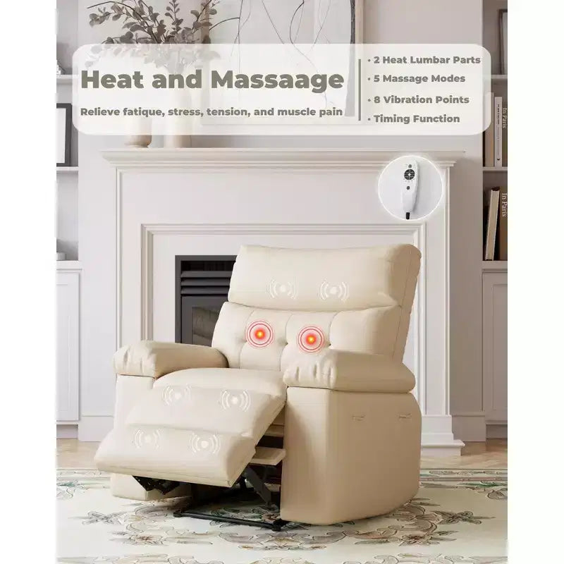Oversized Manual Recliner Chair, Large Sofa for Adults, PU Leather Lazy Chair with 1.5X Sponge Filling, Massage & Heat