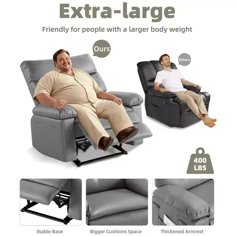 Oversized Manual Recliner Chair, Large Sofa for Adults, PU Leather Lazy Chair with 1.5X Sponge Filling, Massage & Heat
