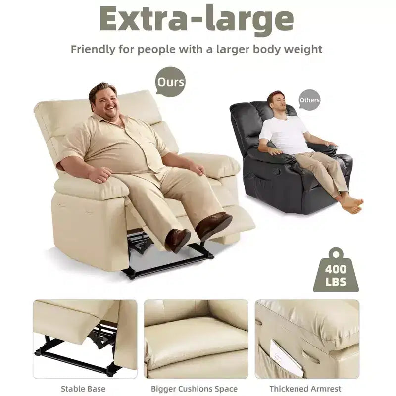 Oversized Manual Recliner Chair, Large Sofa for Adults, PU Leather Lazy Chair with 1.5X Sponge Filling, Massage & Heat