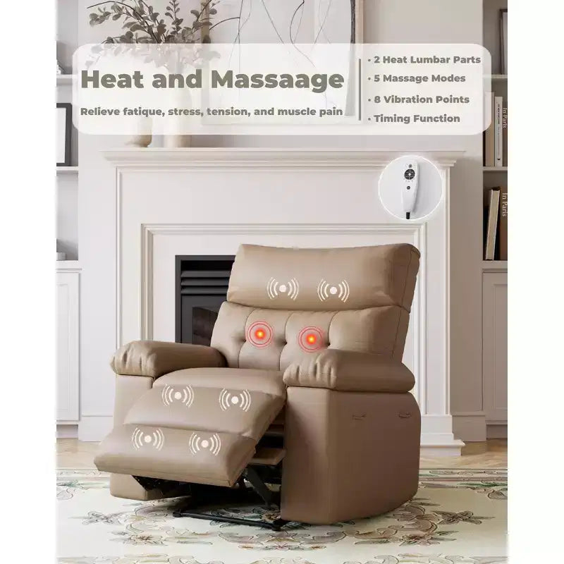 Oversized Manual Recliner Chair, Large Sofa for Adults, PU Leather Lazy Chair with 1.5X Sponge Filling, Massage & Heat