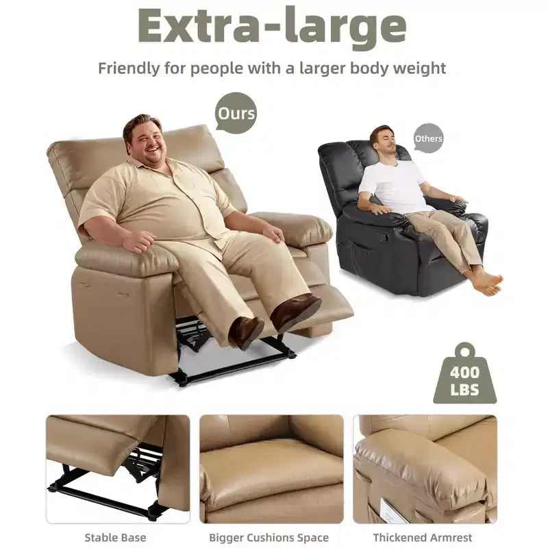 Oversized Manual Recliner Chair, Large Sofa for Adults, PU Leather Lazy Chair with 1.5X Sponge Filling, Massage & Heat