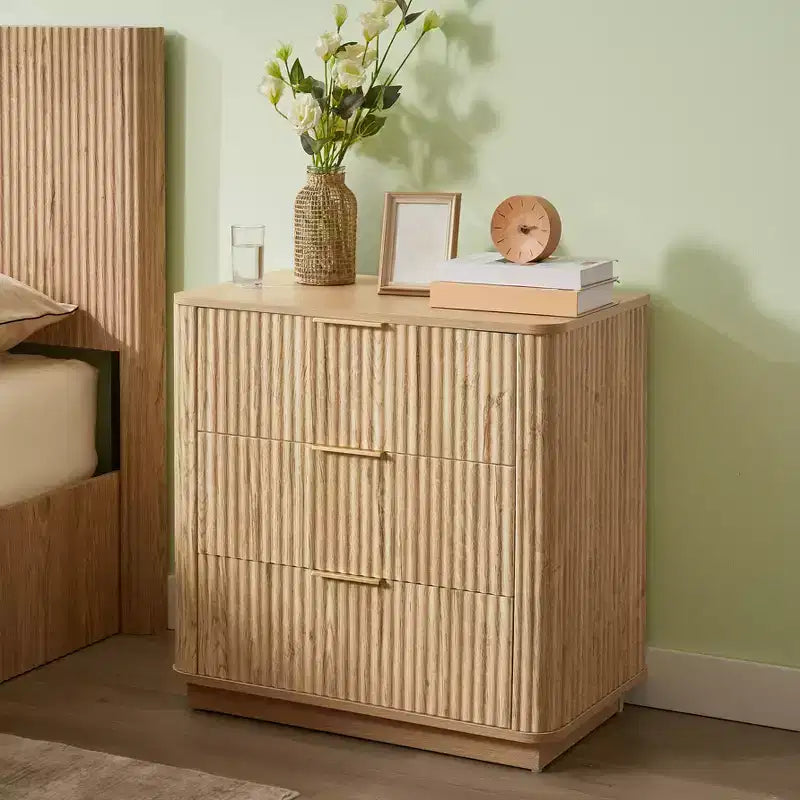 2PCS 3 Drawers Dresser for Bedroom, 27.6''W Modern Chest of Drawers with Metal Handles, Dresser Narrow Nightstand, Fluted Clothes Storage Organizer