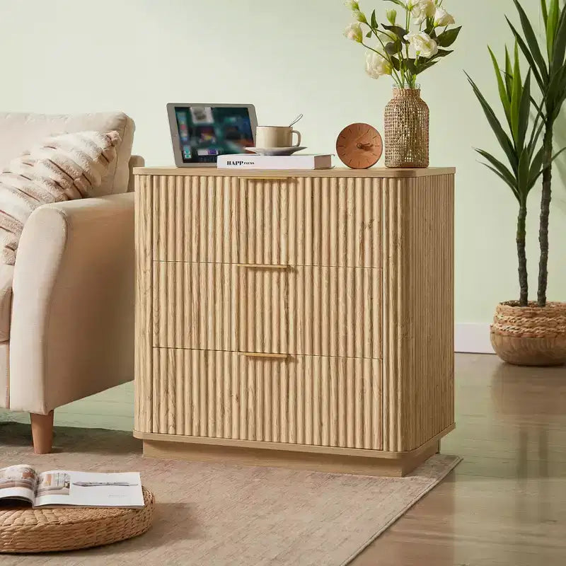 Lot de 2 commodes modernes à 3 tiroirs, commode de 70 cm avec poignées métalliques, table de chevet étroite avec rangement cannelé pour vêtements