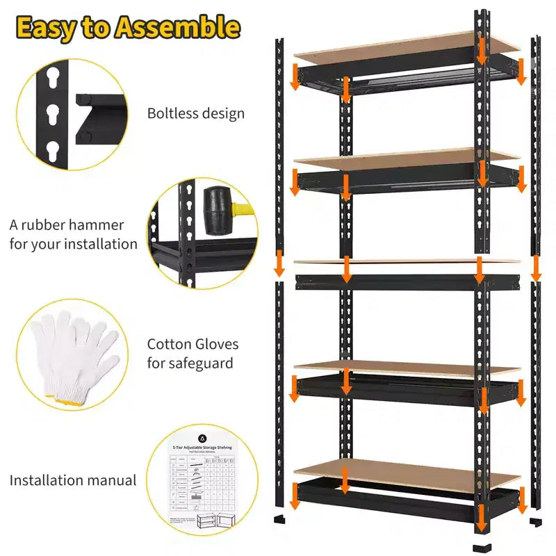Étagères de rangement robustes, construction métallique durable à 5 niveaux, étagères réglables, unité de rayonnage utilitaire pour garage