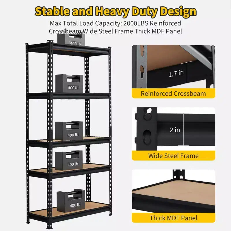 Étagères de rangement robustes, construction métallique durable à 5 niveaux, étagères réglables, unité de rayonnage utilitaire pour garage