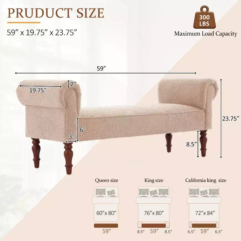 Coral Traditional Teddy Upholstered Bench with Rolled Arms