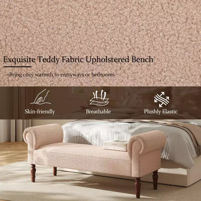 Coral Traditional Teddy Upholstered Bench with Rolled Arms