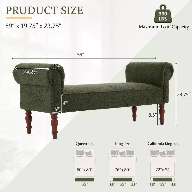 Coral Traditional Teddy Upholstered Bench with Rolled Arms