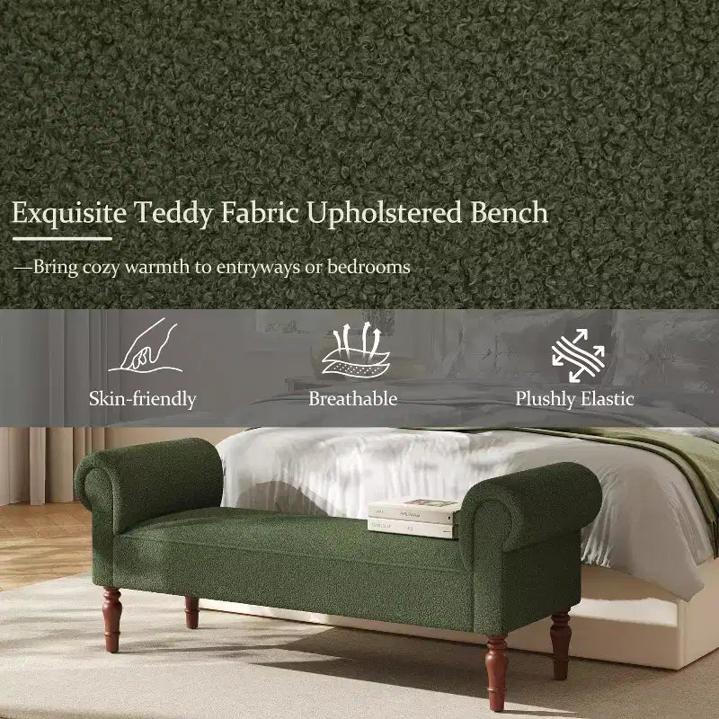 Coral Traditional Teddy Upholstered Bench with Rolled Arms