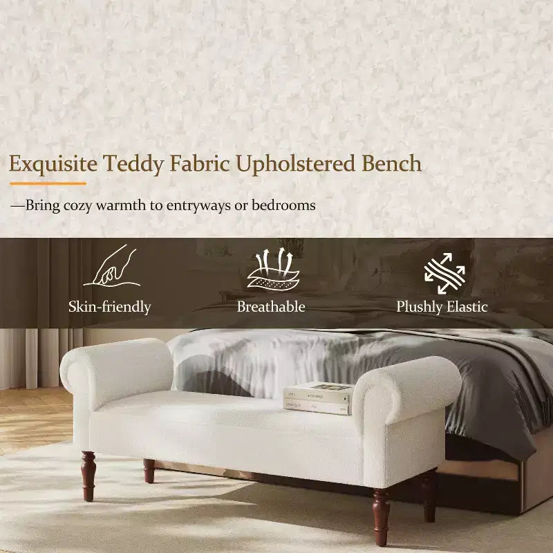 Coral Traditional Teddy Upholstered Bench with Rolled Arms