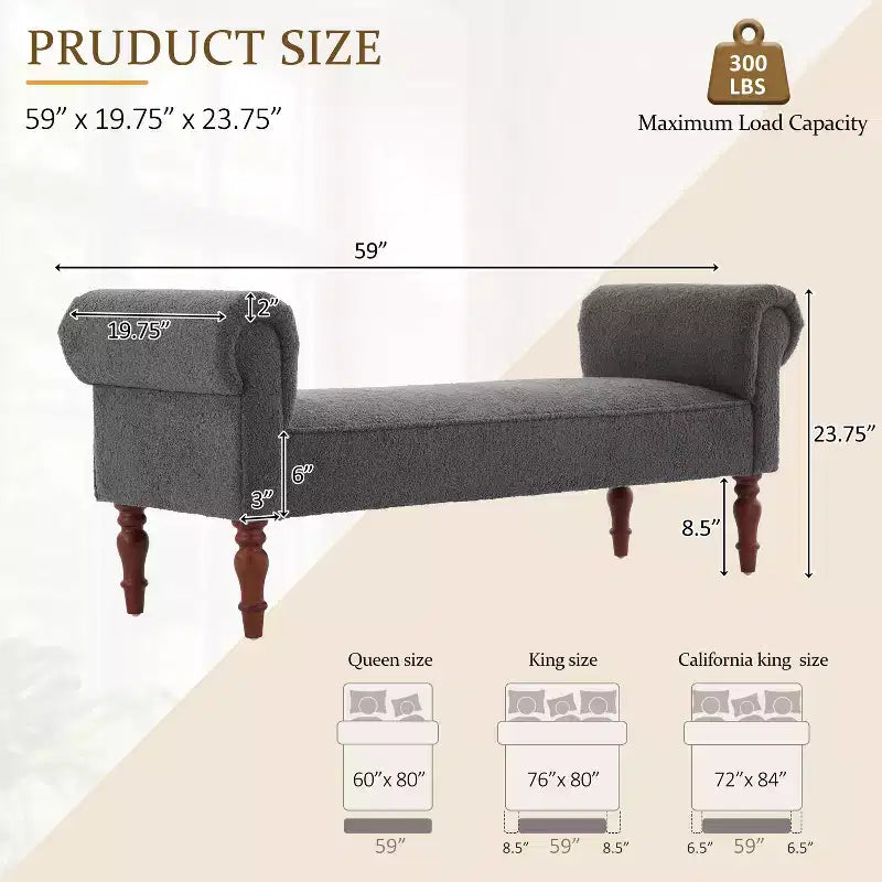 Coral Traditional Teddy Upholstered Bench with Rolled Arms