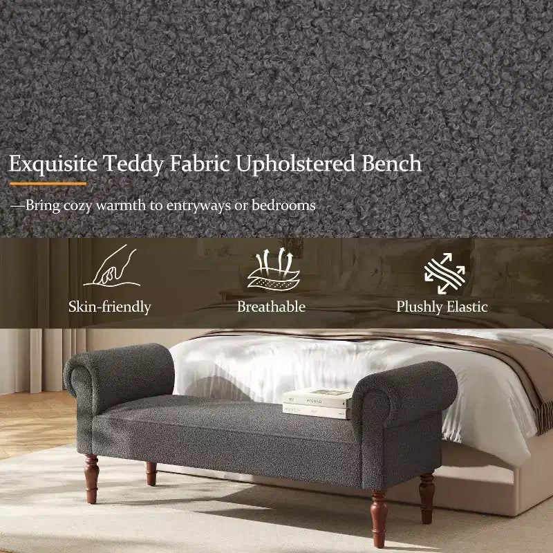 Coral Traditional Teddy Upholstered Bench with Rolled Arms