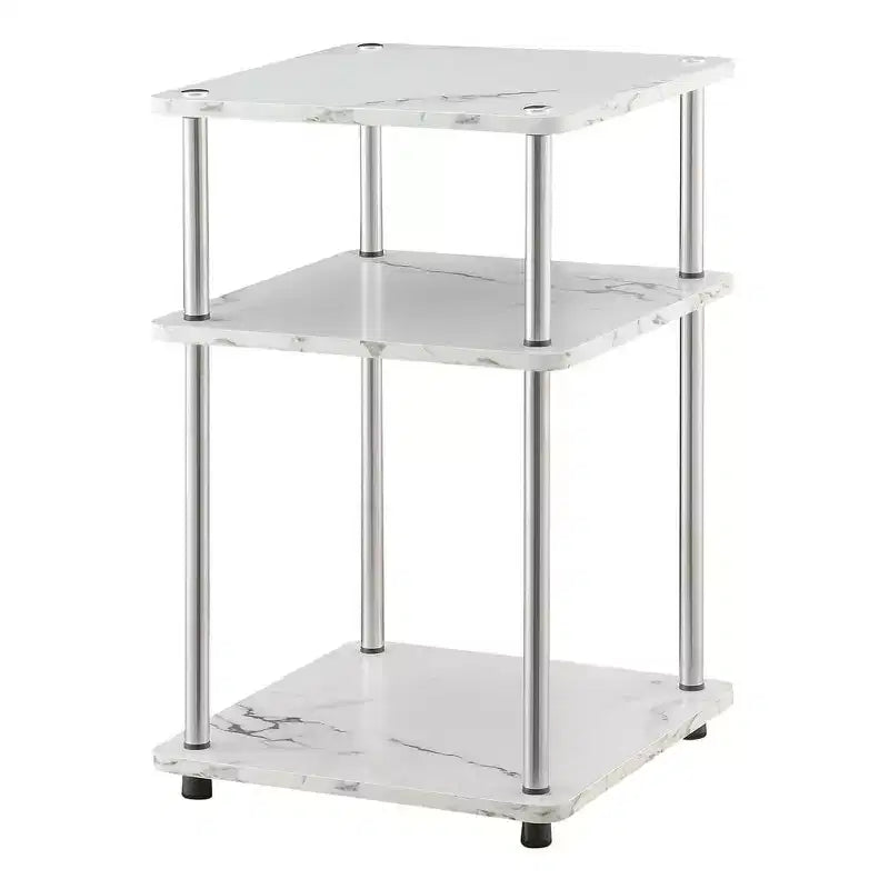 Table d'appoint à trois niveaux Belmont avec pieds en acier inoxydable, étagères ouvertes en aggloméré, design contemporain moderne et élégant