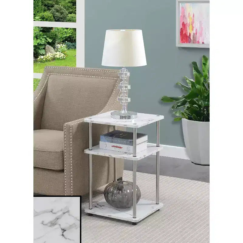 Belmont Three Tier End Table with Stainless Steel Legs, Open Particleboard Shelves, Sleek Contemporary Modern Design