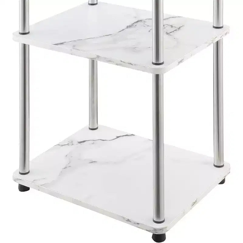 Table d'appoint à trois niveaux Belmont avec pieds en acier inoxydable, étagères ouvertes en aggloméré, design contemporain moderne et élégant