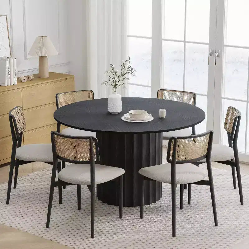PexFix 52 Solid Wood Round Dining Table Kitchen Table for 4-6 with Tabletop and Fluted Cylindrical Base for Living/Dining Room Coffee Office Black