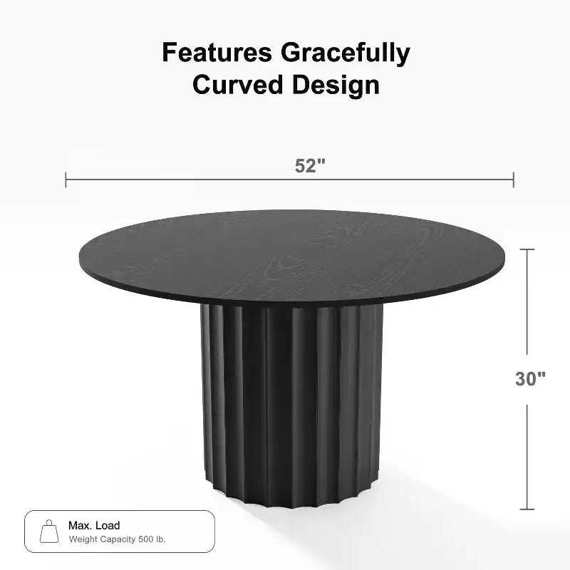 Table à manger ronde en bois massif de 52" pour 4 à 6 personnes avec base cylindrique cannelée, noire