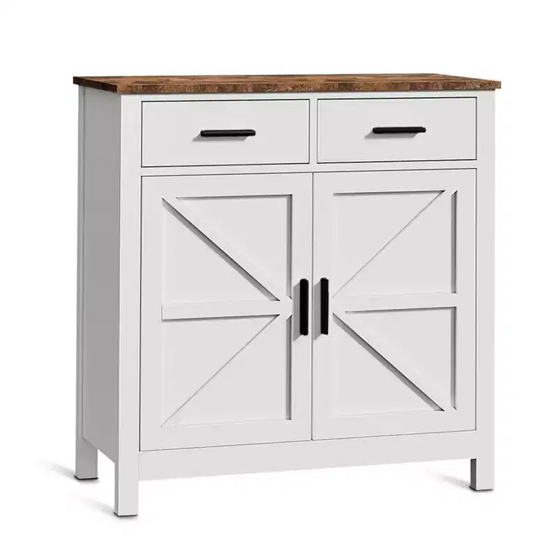 Meuble de buffet Okak Farmhouse, buffet avec 2 portes et 2 tiroirs, meuble de rangement pour salon, salle à manger, cuisine