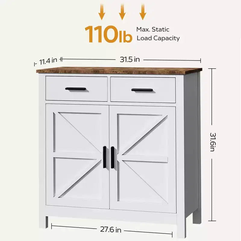 Meuble de buffet Okak Farmhouse, buffet avec 2 portes et 2 tiroirs, meuble de rangement pour salon, salle à manger, cuisine