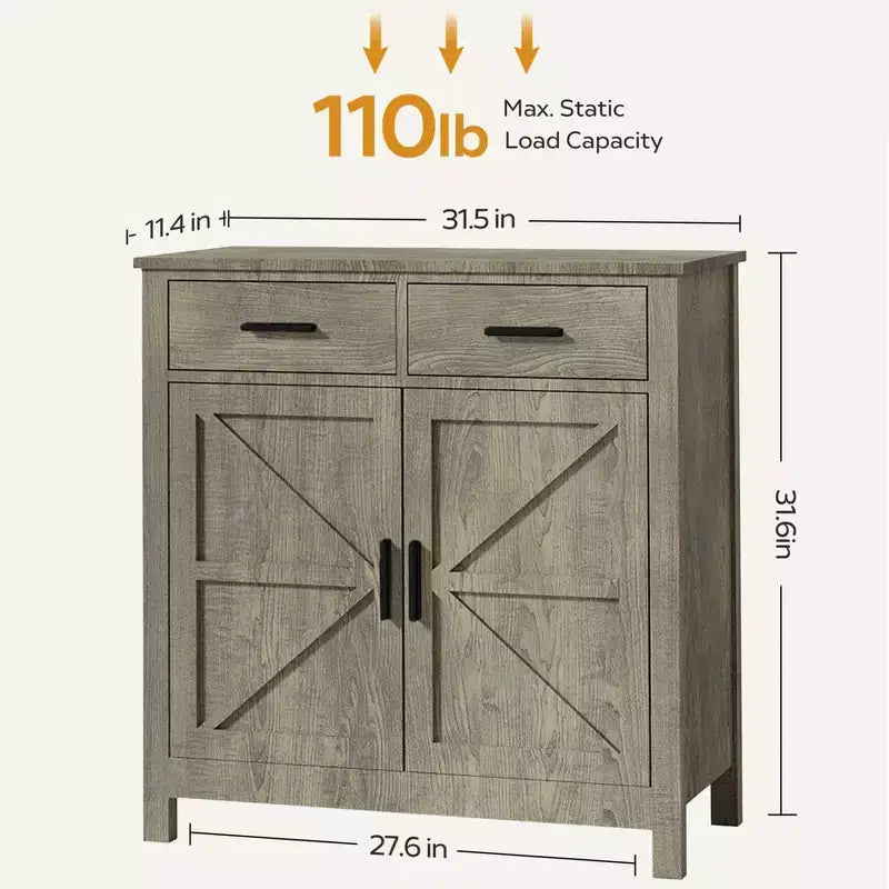 Meuble de buffet Okak Farmhouse, buffet avec 2 portes et 2 tiroirs, meuble de rangement pour salon, salle à manger, cuisine
