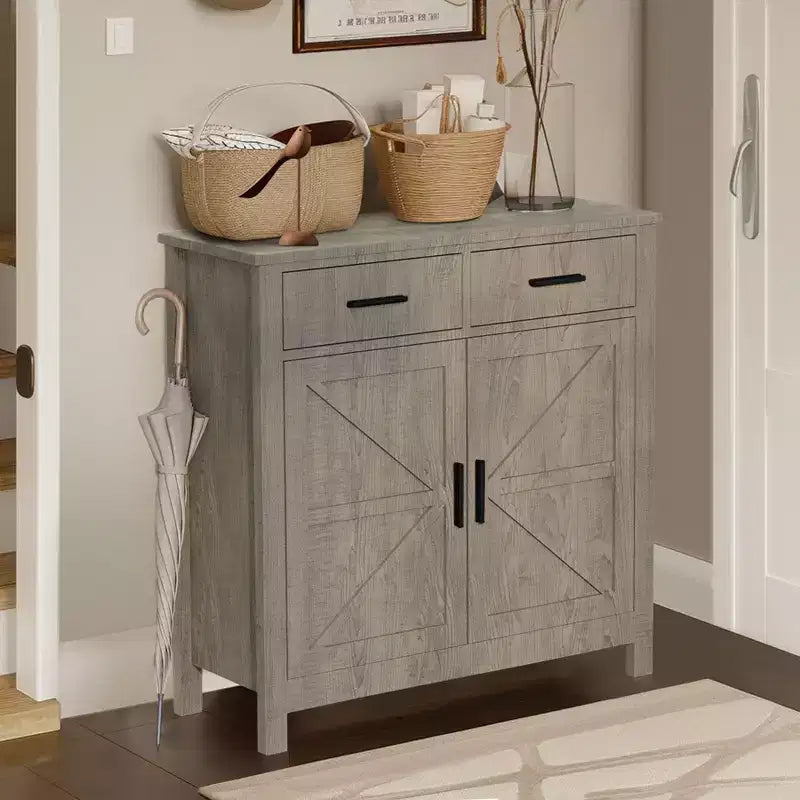 Meuble de buffet Okak Farmhouse, buffet avec 2 portes et 2 tiroirs, meuble de rangement pour salon, salle à manger, cuisine