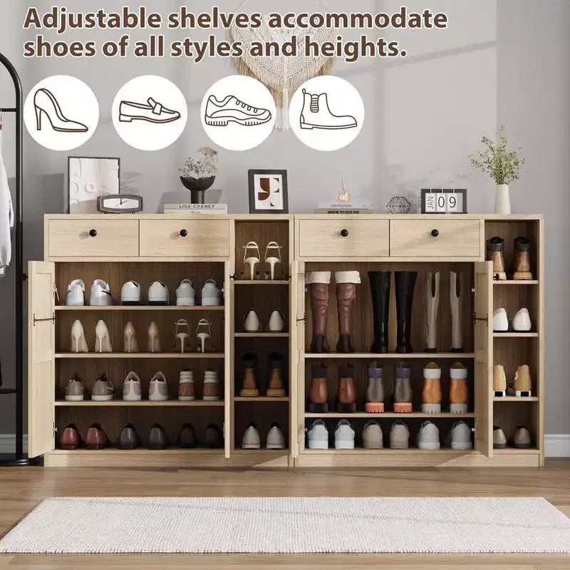 Coolmee Meuble à chaussures avec portes et tiroirs, rangement à chaussures de 106,7 cm de haut avec 3 étagères réglables et base stable, étagère à chaussures 4 niveaux