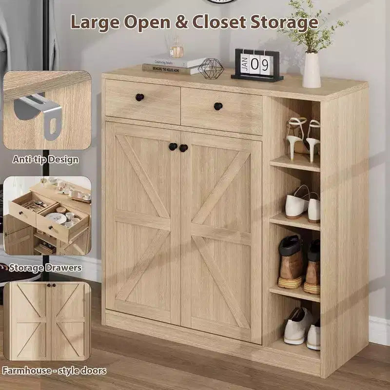 Coolmee Meuble à chaussures avec portes et tiroirs, rangement à chaussures de 106,7 cm de haut avec 3 étagères réglables et base stable, étagère à chaussures 4 niveaux
