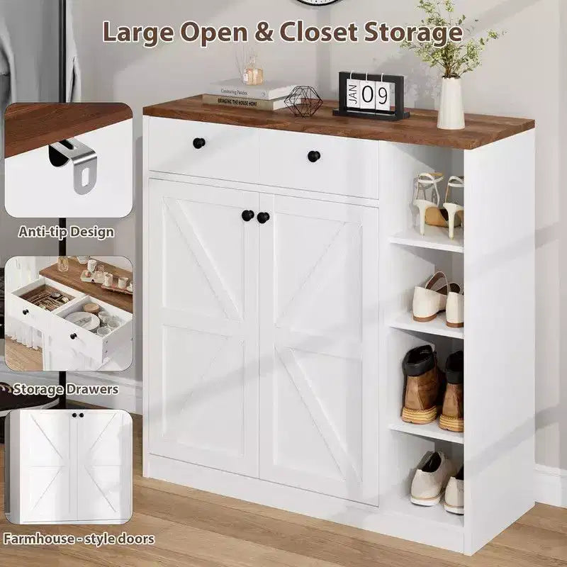 Coolmee Meuble à chaussures avec portes et tiroirs, rangement à chaussures de 106,7 cm de haut avec 3 étagères réglables et base stable, étagère à chaussures 4 niveaux