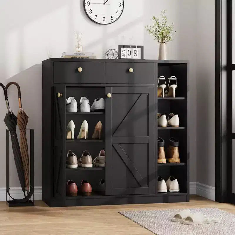 Coolmee Meuble à chaussures avec portes et tiroirs, rangement à chaussures de 106,7 cm de haut avec 3 étagères réglables et base stable, étagère à chaussures 4 niveaux