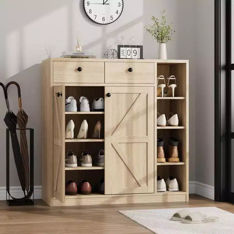 Coolmee Meuble à chaussures avec portes et tiroirs, rangement à chaussures de 106,7 cm de haut avec 3 étagères réglables et base stable, étagère à chaussures 4 niveaux