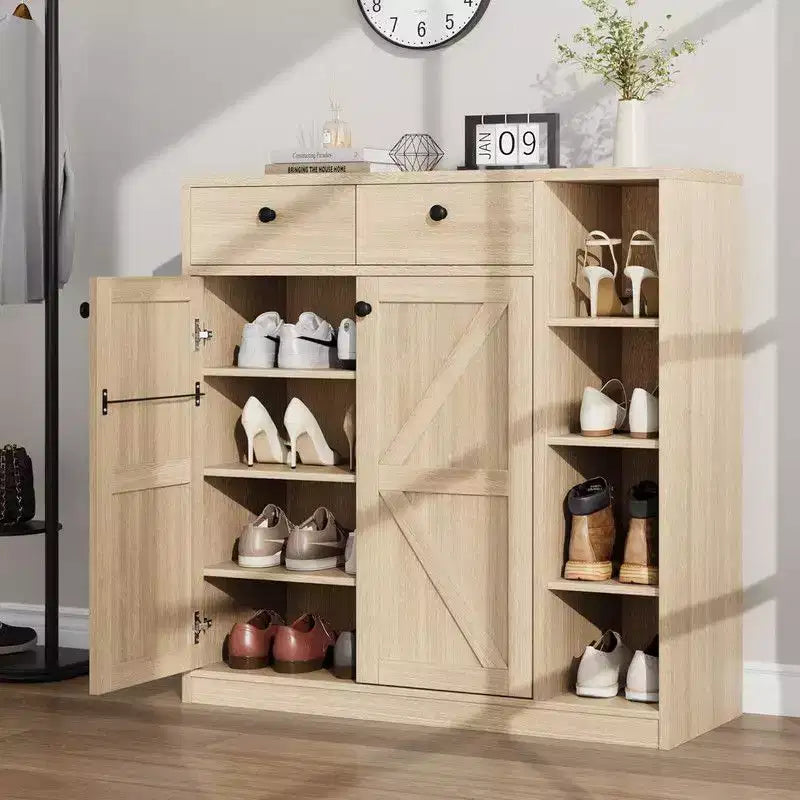 Coolmee Meuble à chaussures avec portes et tiroirs, rangement à chaussures de 106,7 cm de haut avec 3 étagères réglables et base stable, étagère à chaussures 4 niveaux
