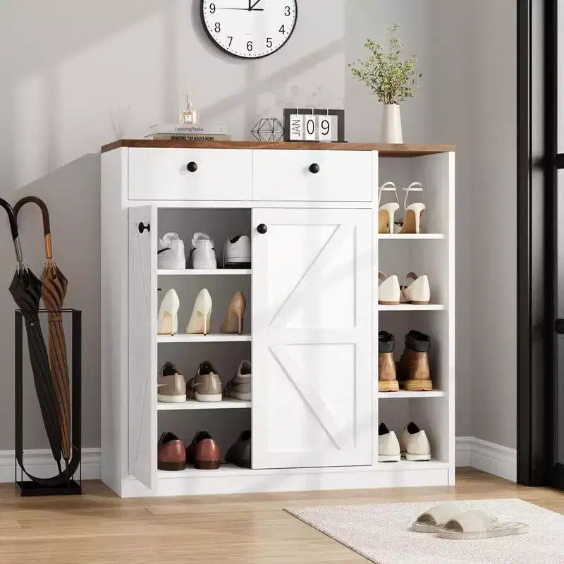 Coolmee Meuble à chaussures avec portes et tiroirs, rangement à chaussures de 106,7 cm de haut avec 3 étagères réglables et base stable, étagère à chaussures 4 niveaux