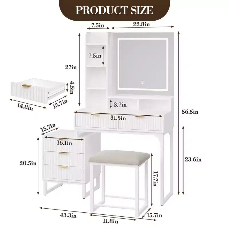 Coiffeuse de Maquillage avec Miroir et Lumières, Table de Maquillage Moderne, Meuble de Rangement Latéral Amovible, Coiffeuse à 5 Tiroirs, pour Chambre à Coucher