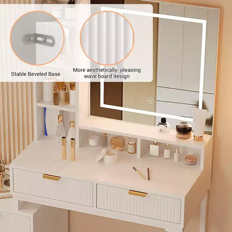 Coiffeuse de Maquillage avec Miroir et Lumières, Table de Maquillage Moderne, Meuble de Rangement Latéral Amovible, Coiffeuse à 5 Tiroirs, pour Chambre à Coucher