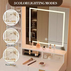 Coiffeuse de Maquillage avec Miroir et Lumières, Table de Maquillage Moderne, Meuble de Rangement Latéral Amovible, Coiffeuse à 5 Tiroirs, pour Chambre à Coucher