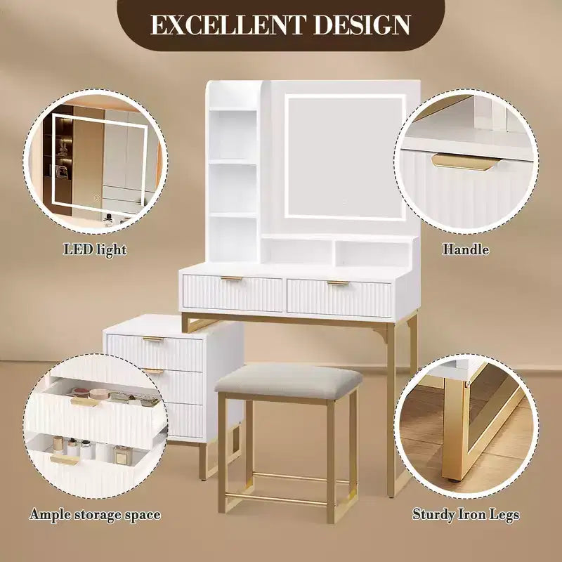 Coiffeuse de Maquillage avec Miroir et Lumières, Table de Maquillage Moderne, Meuble de Rangement Latéral Amovible, Coiffeuse à 5 Tiroirs, pour Chambre à Coucher