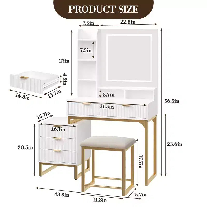 Coiffeuse de Maquillage avec Miroir et Lumières, Table de Maquillage Moderne, Meuble de Rangement Latéral Amovible, Coiffeuse à 5 Tiroirs, pour Chambre à Coucher