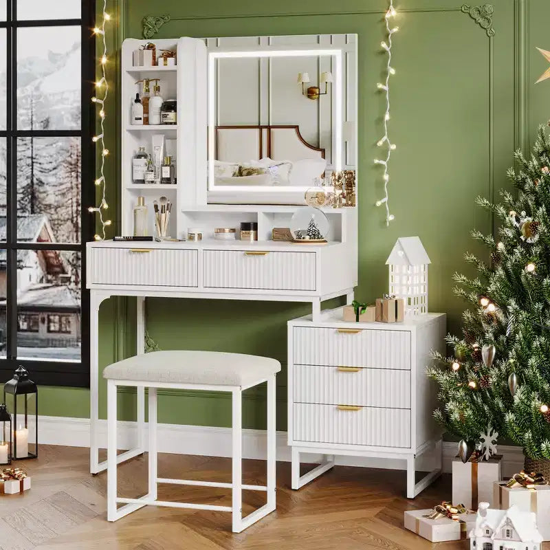Coiffeuse de Maquillage avec Miroir et Lumières, Table de Maquillage Moderne, Meuble de Rangement Latéral Amovible, Coiffeuse à 5 Tiroirs, pour Chambre à Coucher